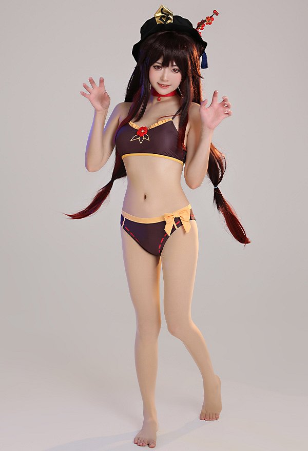 Miccostumes Trajes de Baño Hu Tao Conjunto de Bikini Derivado Estilo Chino Top y Pantalones de Dos Piezas con Lindos Clips de Flores