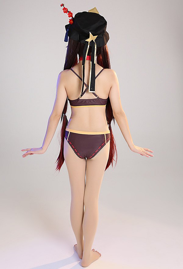 Miccostumes Trajes de Baño Hu Tao Conjunto de Bikini Derivado Estilo Chino Top y Pantalones de Dos Piezas con Lindos Clips de Flores