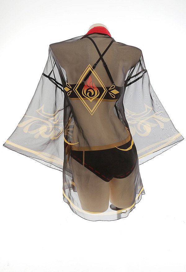 Miccostumes Trajes de Baño Hu Tao Conjunto de Bikini Derivado Estilo Chino Top y Pantalones de Dos Piezas con Lindos Clips de Flores