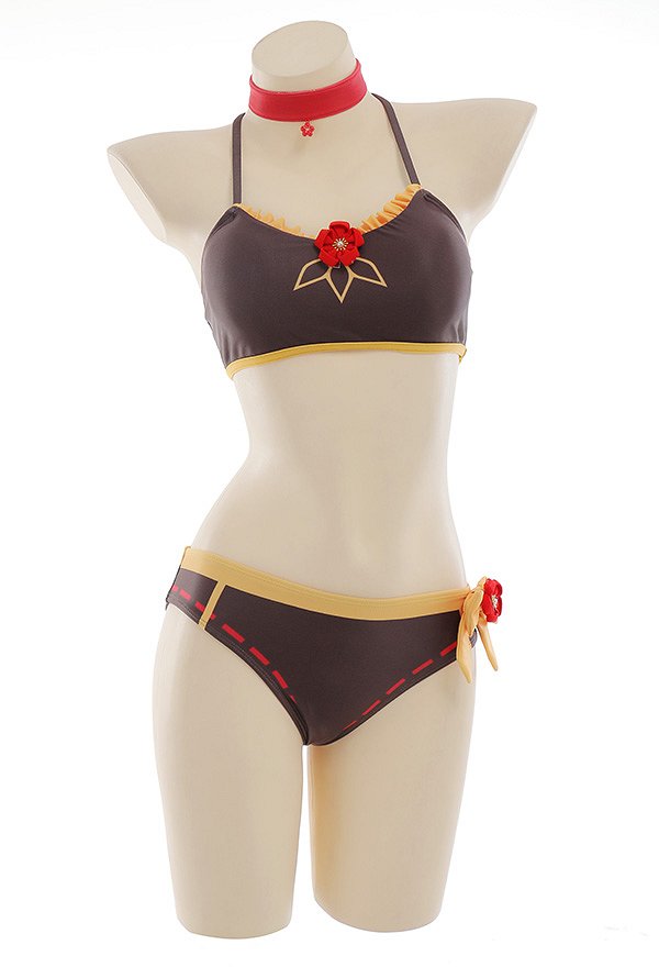Miccostumes Trajes de Baño Hu Tao Conjunto de Bikini Derivado Estilo Chino Top y Pantalones de Dos Piezas con Lindos Clips de Flores
