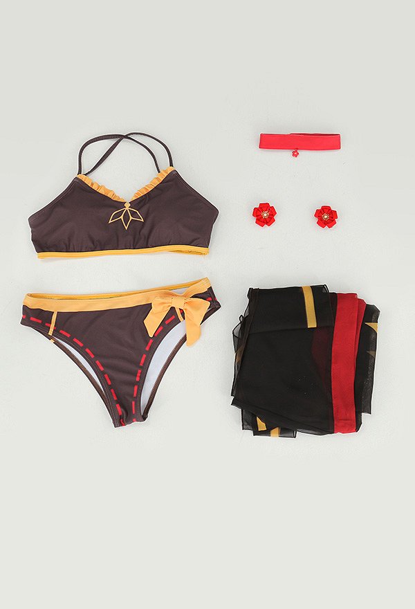 Miccostumes Trajes de Baño Hu Tao Conjunto de Bikini Derivado Estilo Chino Top y Pantalones de Dos Piezas con Lindos Clips de Flores