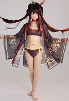 Miccostumes Swimsuits Hu Tao Bikini Neckholder Rüschen Schleife Cosplay Swimsuit Set mit Haori in Braun Pflaume Bossom Miccostumes Swimsuits Hu Tao Bikini Neckholder Rüschen Schleife Cosplay Swimsuit Set mit Haori in Braun Pflaume Bossom