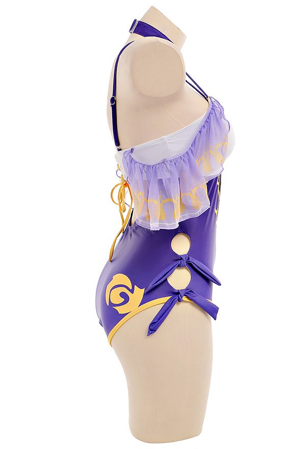 Miccostumes Swimsuits Lisa Derivative Sexy One-Piece Swimsuit Cross Shoulder Strap Deep V Swimwear Ruffle Hollow Out Bathing Suit with Choker
