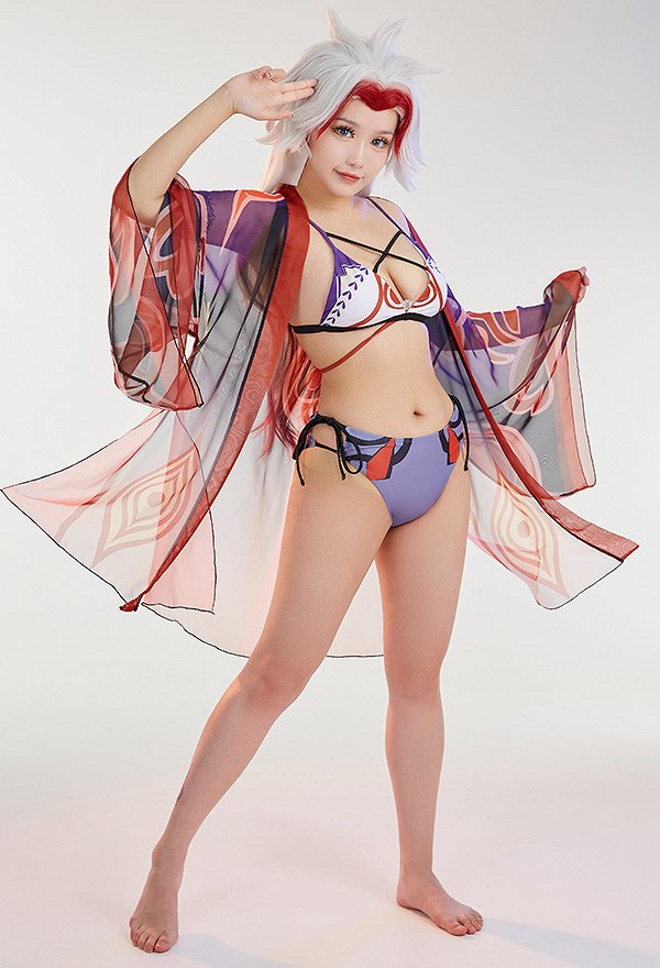 Miccostumes Trajes de baño Arataki Itto Derivado Traje de baño de dos piezas con cruce cruzado Top con cuello en V y braguita con cordones laterales