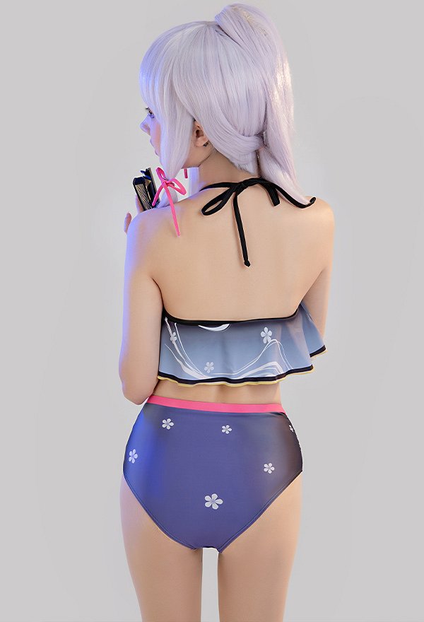 Kamisato Ayaka Derivado Traje de baño de dos piezas Traje de baño morado Top con adorno de lazo con volantes y braguita de cintura alta