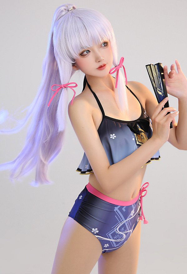 Kamisato Ayaka Derivado Traje de baño de dos piezas Traje de baño morado Top con adorno de lazo con volantes y braguita de cintura alta
