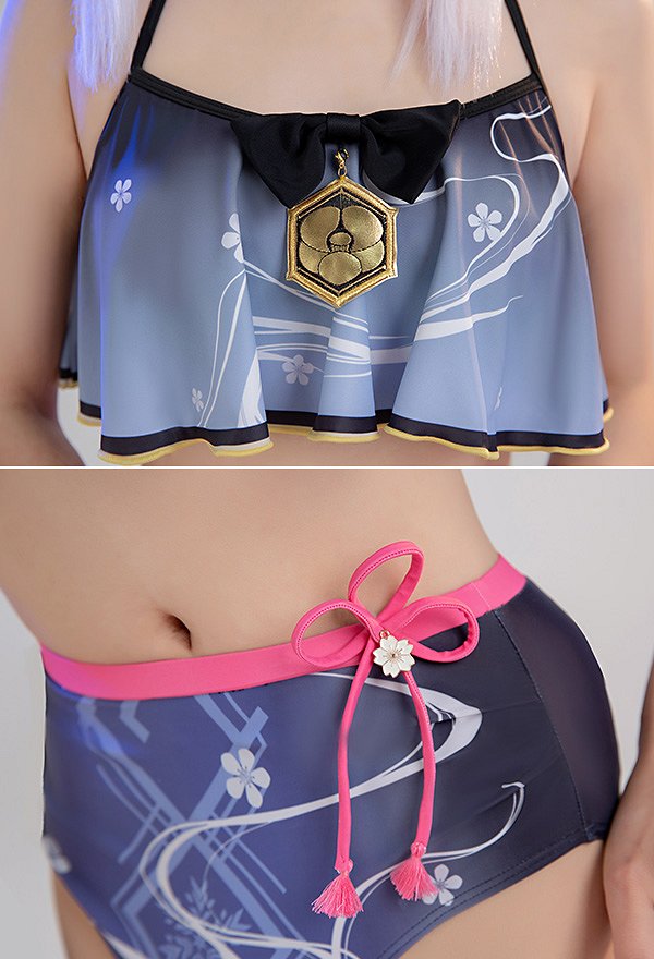 Kamisato Ayaka Derivado Traje de baño de dos piezas Traje de baño morado Top con adorno de lazo con volantes y braguita de cintura alta
