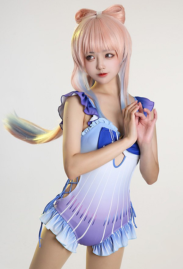 Maillots de bain Miccostumes Sangonomiya Kokomi Maillot de bain une pièce dérivé Maillot de bain à volants Maillot de bain à lacets sur les côtés avec clip