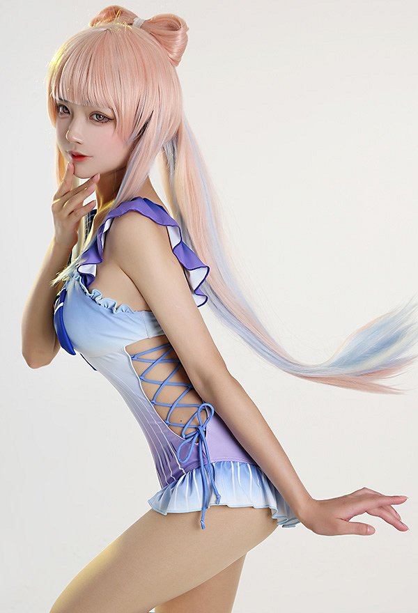 Maillots de bain Miccostumes Sangonomiya Kokomi Maillot de bain une pièce dérivé Maillot de bain à volants Maillot de bain à lacets sur les côtés avec clip
