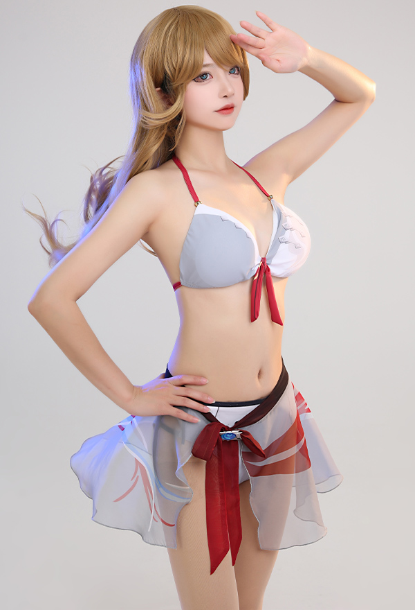 Miccostumes Trajes de baño Childe Tartaglia Conjunto de bikini derivado Top y braguita con cordones Traje de baño de dos piezas con pareo y clip