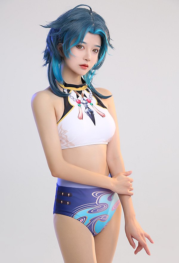 Miccostumes Swimsuits Xiao Derivative Two-Piece Swimsuit Bathing Suit Halter Top and High Waist Style Panty Swimwear