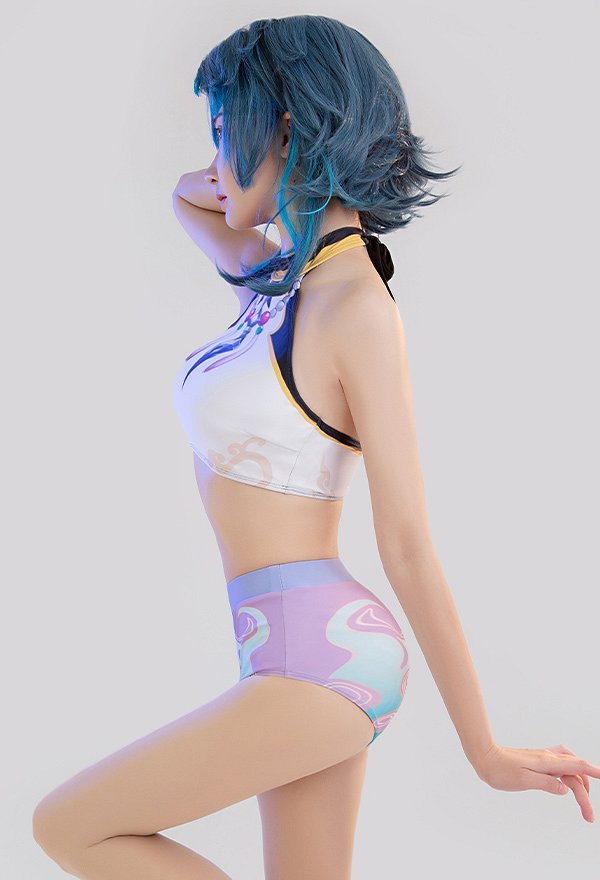 Miccostumes Swimsuits Xiao Derivative Two-Piece Swimsuit Bathing Suit Halter Top and High Waist Style Panty Swimwear