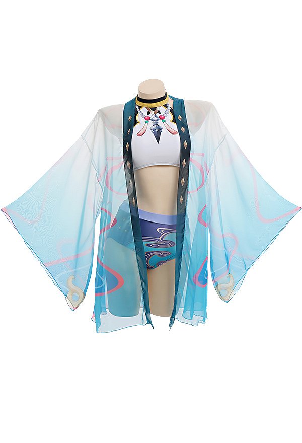 Miccostumes Swimsuits Xiao Derivative Two-Piece Swimsuit Bathing Suit Halter Top and High Waist Style Panty Swimwear