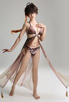 Miccostumes Swimsuits Zhongli Derivative Bikini Set Halter Top and Bottoms Two-Piece Bathing Suit Swimwear with Waist Haori Cover-up