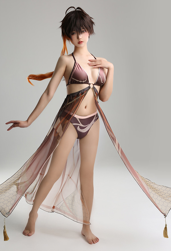 Miccostumes Trajes de Baño Zhongli Conjunto de Bikini Derivado Halter Sujetador y Pantalones Traje de Baño de Dos Piezas con Cintura Haori Cover-up