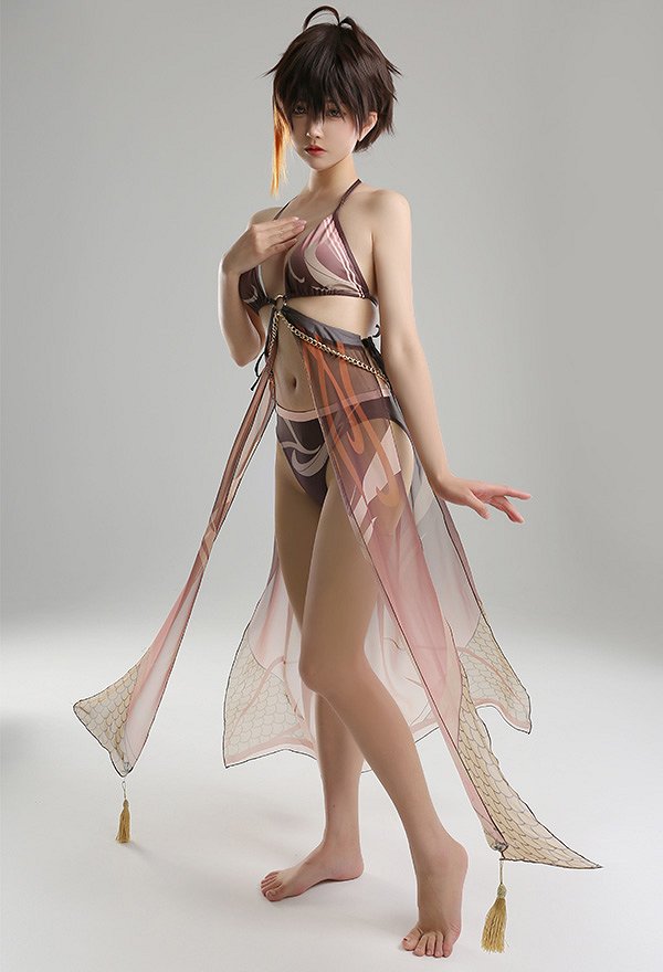 Miccostumes Trajes de Baño Zhongli Conjunto de Bikini Derivado Halter Sujetador y Pantalones Traje de Baño de Dos Piezas con Cintura Haori Cover-up