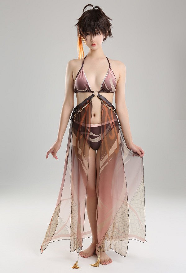Miccostumes Trajes de Baño Zhongli Conjunto de Bikini Derivado Halter Sujetador y Pantalones Traje de Baño de Dos Piezas con Cintura Haori Cover-up