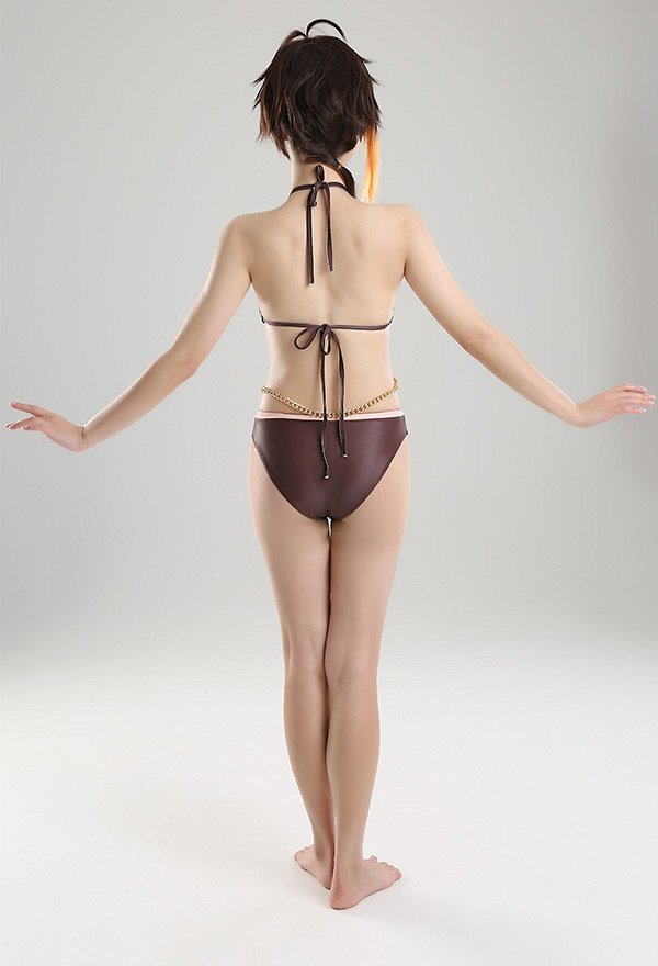Miccostumes Trajes de Baño Zhongli Conjunto de Bikini Derivado Halter Sujetador y Pantalones Traje de Baño de Dos Piezas con Cintura Haori Cover-up