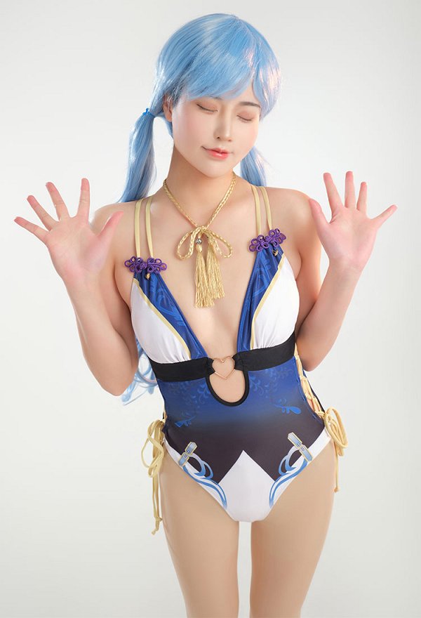 Maillot de bain une pièce dérivé de Kamisato Ayato avec lacets croisés à la taille et découpe au niveau du ventre maillot de bain amincissant