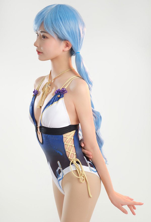 Maillot de bain une pièce dérivé de Kamisato Ayato avec lacets croisés à la taille et découpe au niveau du ventre maillot de bain amincissant