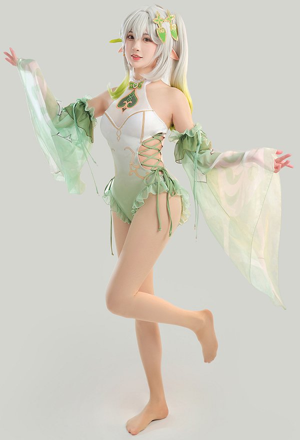 Genshin Impact Nahida Dérivé Maillot de Bain Une Pièce Maillot de Nain Dos Nu avec Laçage Latéral Bodysuit avec Manches