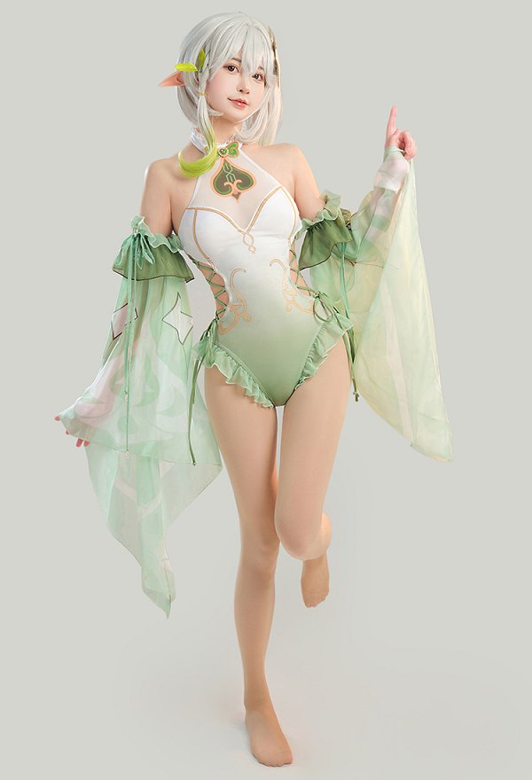 Genshin Impact Nahida Dérivé Maillot de Bain Une Pièce Maillot de Nain Dos Nu avec Laçage Latéral Bodysuit avec Manches