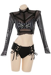 Nightmare Gothic Weißes gestreiftes Top Schwarzer zweiteiliger Badeanzug mit Gaze-Top