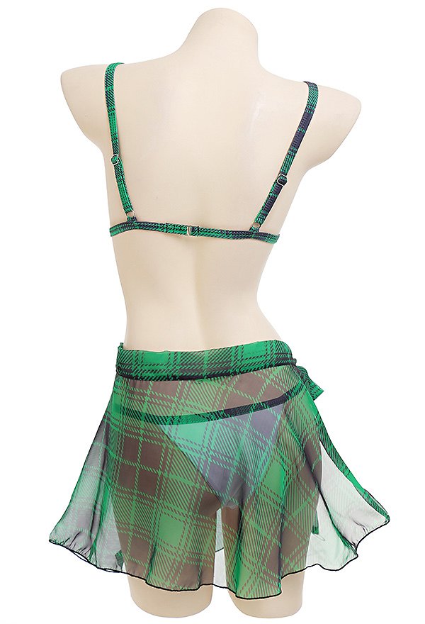 Miccostumes Trajes de baño para mujer Traje de baño kawaii Conjunto de bikini con estampado de cuadros verdes y falda cruzada