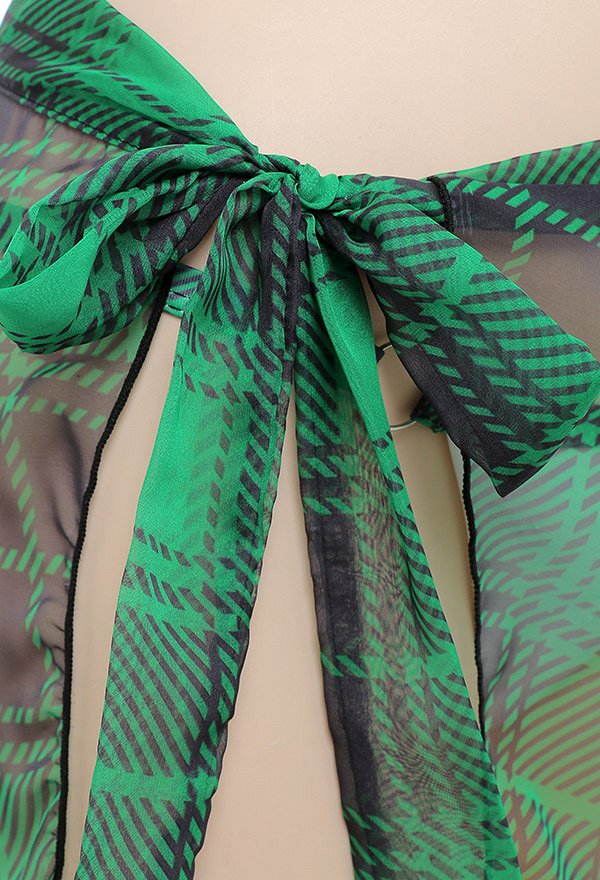 Miccostumes Trajes de baño para mujer Traje de baño kawaii Conjunto de bikini con estampado de cuadros verdes y falda cruzada