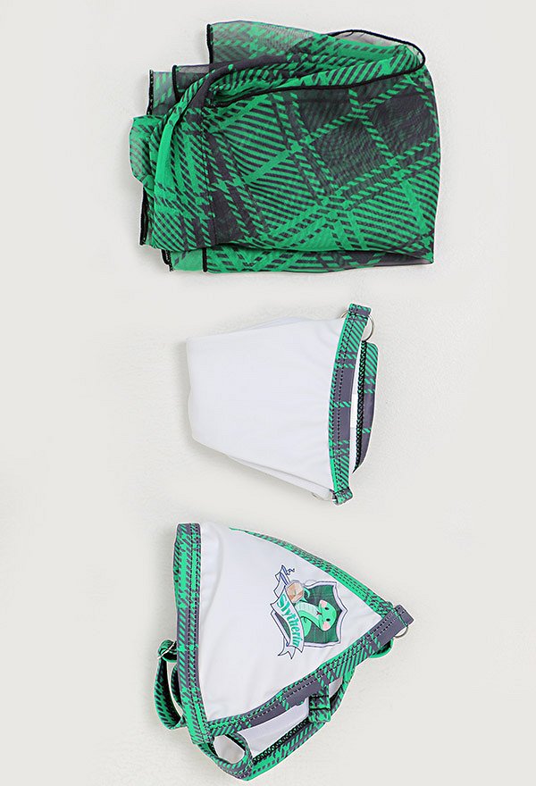 Miccostumes Trajes de baño para mujer Traje de baño kawaii Conjunto de bikini con estampado de cuadros verdes y falda cruzada