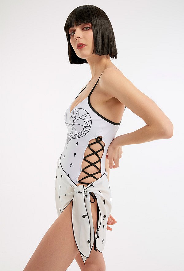 Miccostumes Swimsuits Sexy One-Piece Swimsuit Lace Up Heart-shaped Bathing Suit with Long-Sleeve Chiffon Top Cover-up