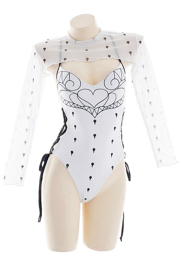 Miccostumes Swimsuits Sexy One-Piece Swimsuit Lace Up Heart-shaped Bathing Suit with Long-Sleeve Chiffon Top Cover-up