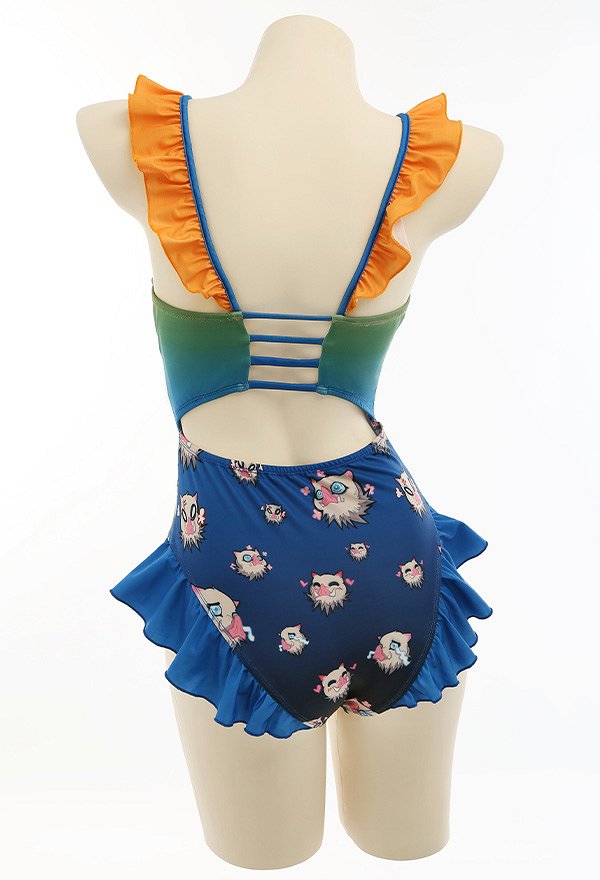 Traje de baño kawaii para bañarse Traje de baño de una pieza con volantes y estampado de dibujos animados