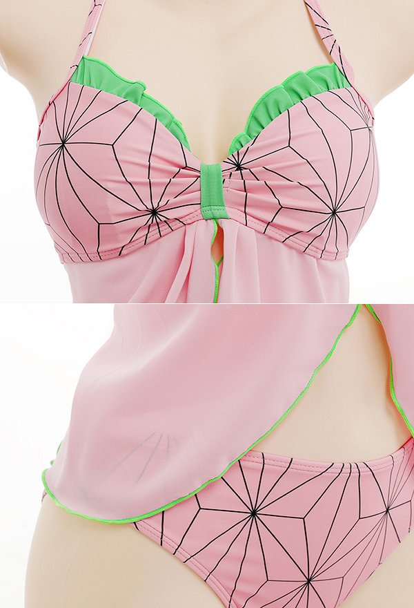 Miccostumes Trajes de baño Rosa bonito para bañarse Con volantes Bikini Con top con cordones y pantalones cortos Traje de baño de dos piezas