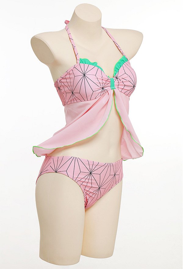 Miccostumes Trajes de baño Rosa bonito para bañarse Con volantes Bikini Con top con cordones y pantalones cortos Traje de baño de dos piezas