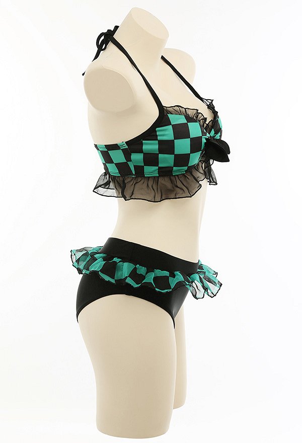Miccostumes Trajes de Baño Patrón de Cuadro Verde Impreso para Bañar Conjunto de Bikini con Encaje y Pantalones Cortos Traje de Baño de Dos Piezas Traje de Baño