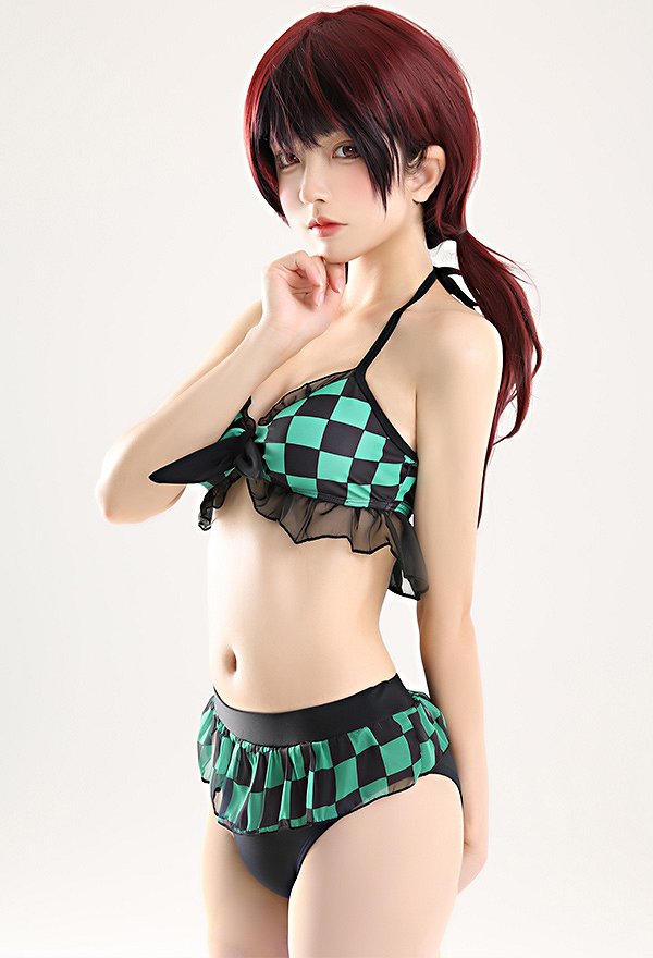 Miccostumes Trajes de Baño Patrón de Cuadro Verde Impreso para Bañar Conjunto de Bikini con Encaje y Pantalones Cortos Traje de Baño de Dos Piezas Traje de Baño