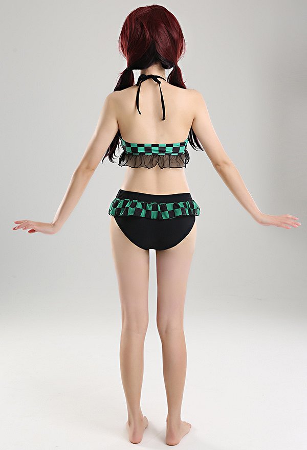 Miccostumes Trajes de Baño Patrón de Cuadro Verde Impreso para Bañar Conjunto de Bikini con Encaje y Pantalones Cortos Traje de Baño de Dos Piezas Traje de Baño