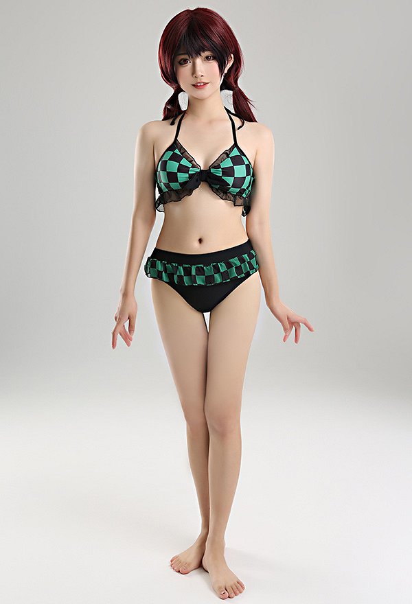 Miccostumes Trajes de Baño Patrón de Cuadro Verde Impreso para Bañar Conjunto de Bikini con Encaje y Pantalones Cortos Traje de Baño de Dos Piezas Traje de Baño