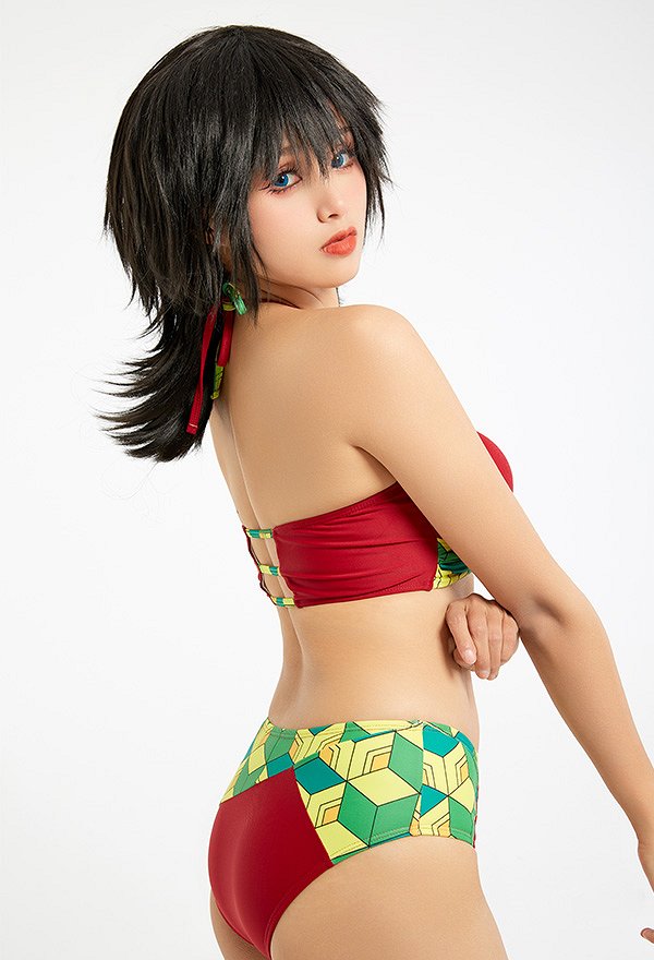 Miccostumes Swimsuits Half Rhomboid Pattern Two-Piece for Bathing Sexy Bikini Set Halter Top and Shorts Two Piece Bathing Suit Swimwear