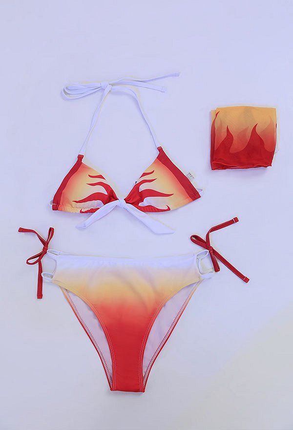 Miccostumes Trajes de baño con estampado de llamas para el baño Conjunto de bikini con top con cordones y pantalones cortos con degradado de color Traje de baño de dos piezas con pareo envolvente