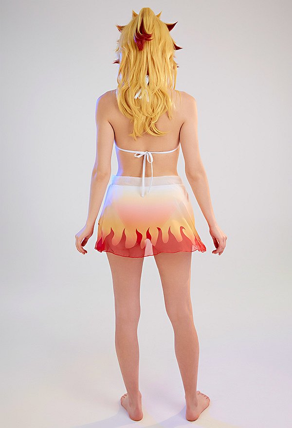 Miccostumes Trajes de baño con estampado de llamas para el baño Conjunto de bikini con top con cordones y pantalones cortos con degradado de color Traje de baño de dos piezas con pareo envolvente