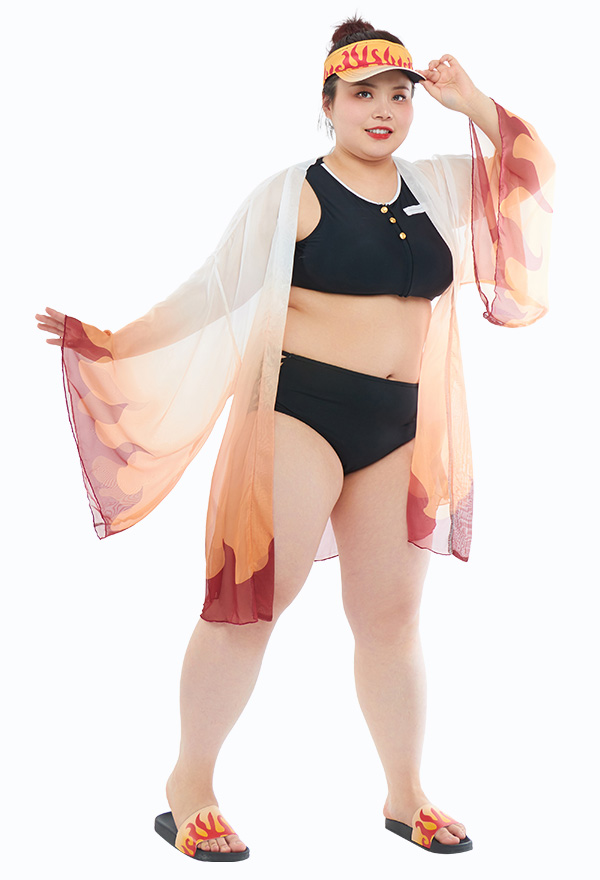 Übergröße Übergröße Anime Cosplay Flamme Bikini Gradient Swimsuit Badeanzug mit Chiffon Haori in Rot Orange