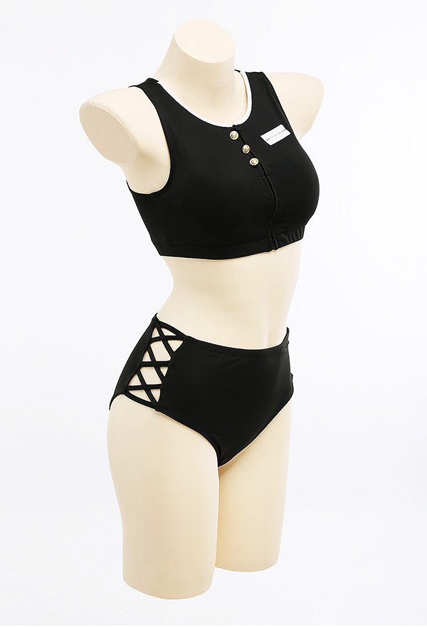 Miccostumes Trajes de Baño Negro Bikini Set Back Imprimir la parte superior y la parte inferior Traje de baño de dos piezas Traje de Baño con Kimono Haori Sheer Cover Up
