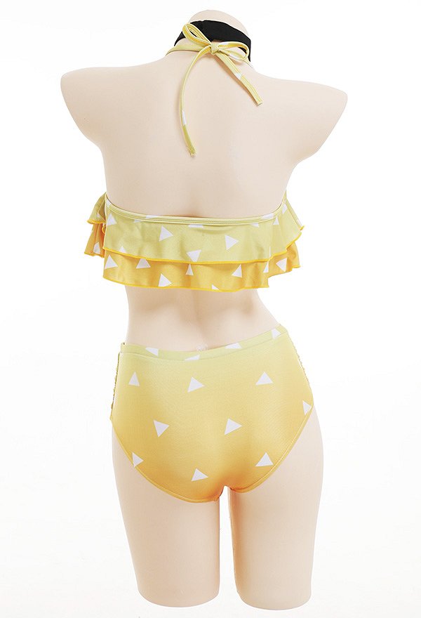Miccostumes Swimsuits Yellow Ruffled Bikini Set Lace-up Bow Decoration Top and Bottoms Two-Piece Bathing Suit Swimwear with Choker