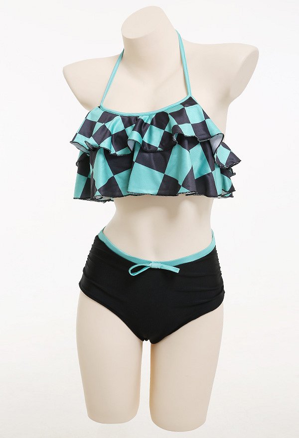 Miccostumes Swimsuits Green and Black Grid Pattern for Bathing Bikini Set Halter Top and High Waist Shorts Two Piece Bathing Suit Swimwear