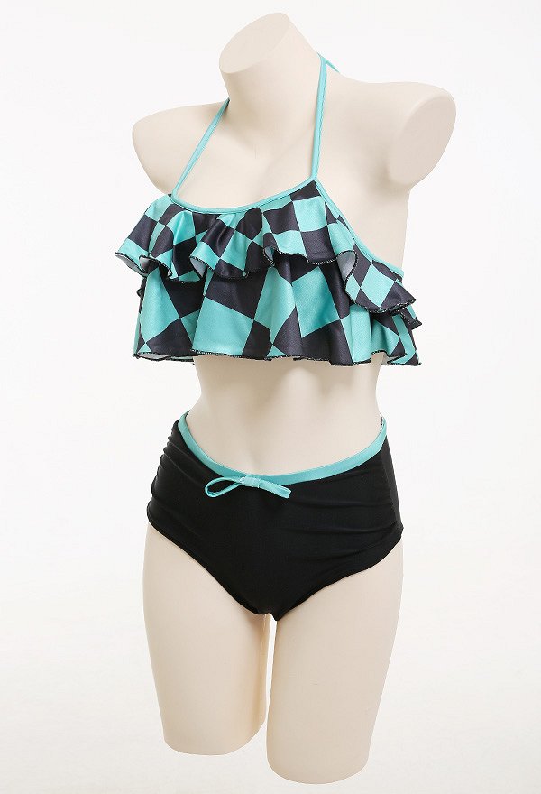 Miccostumes Swimsuits Green and Black Grid Pattern for Bathing Bikini Set Halter Top and High Waist Shorts Two Piece Bathing Suit Swimwear
