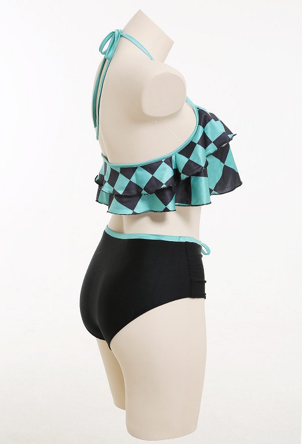 Miccostumes Swimsuits Green and Black Grid Pattern for Bathing Bikini Set Halter Top and High Waist Shorts Two Piece Bathing Suit Swimwear