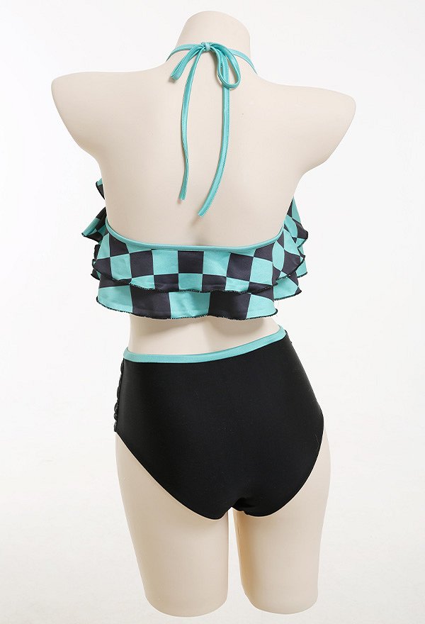 Miccostumes Swimsuits Green and Black Grid Pattern for Bathing Bikini Set Halter Top and High Waist Shorts Two Piece Bathing Suit Swimwear