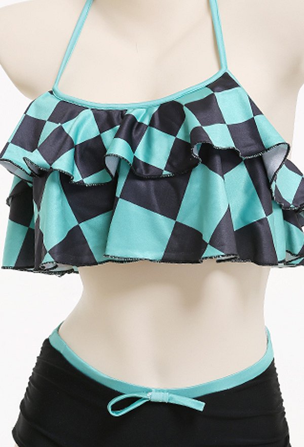 Miccostumes Swimsuits Green and Black Grid Pattern for Bathing Bikini Set Halter Top and High Waist Shorts Two Piece Bathing Suit Swimwear